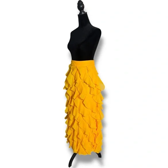 Anthropologie Let Me Be Sasha Elegant Yellow/Gold Ruffled Maxi Skirt with Slit - Picture 4 of 16